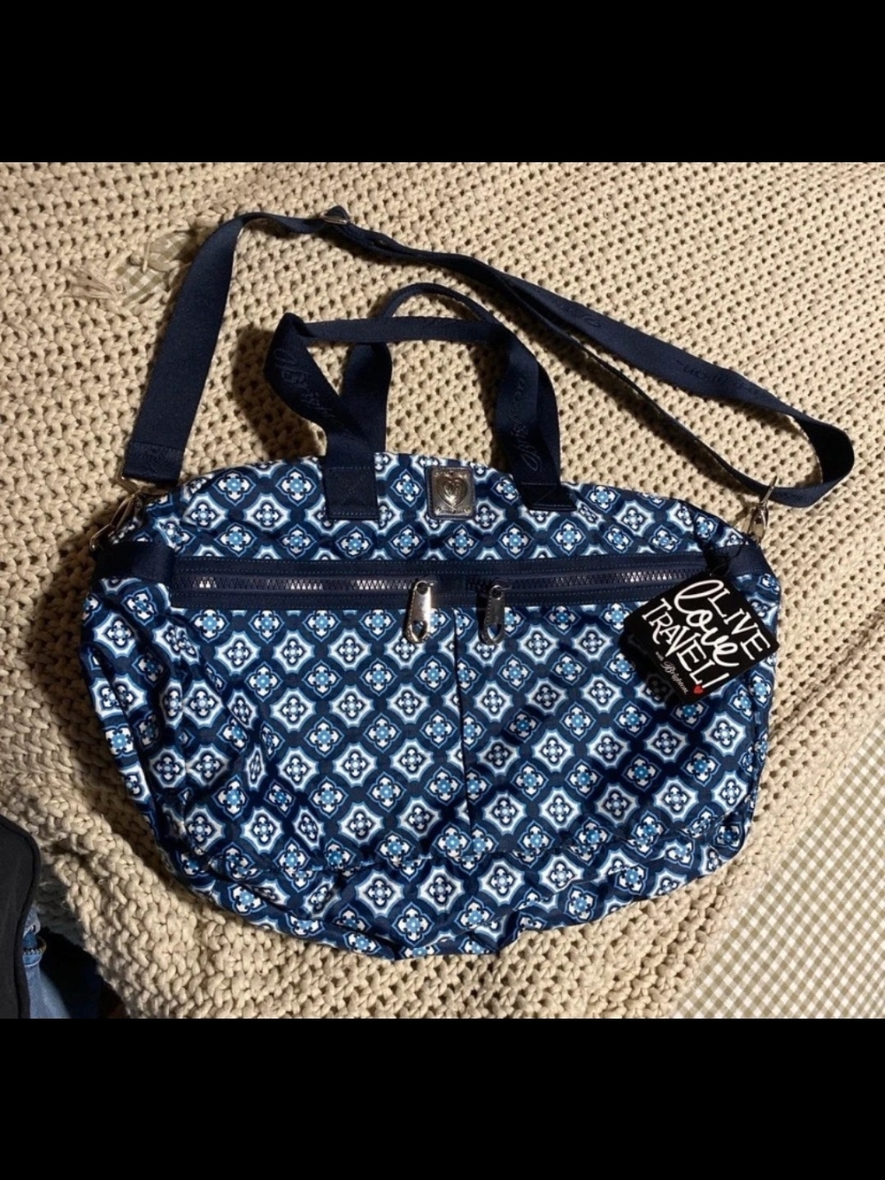 Brighton NWT Navy & White Patterned Travel Tote with Crossbody Strap